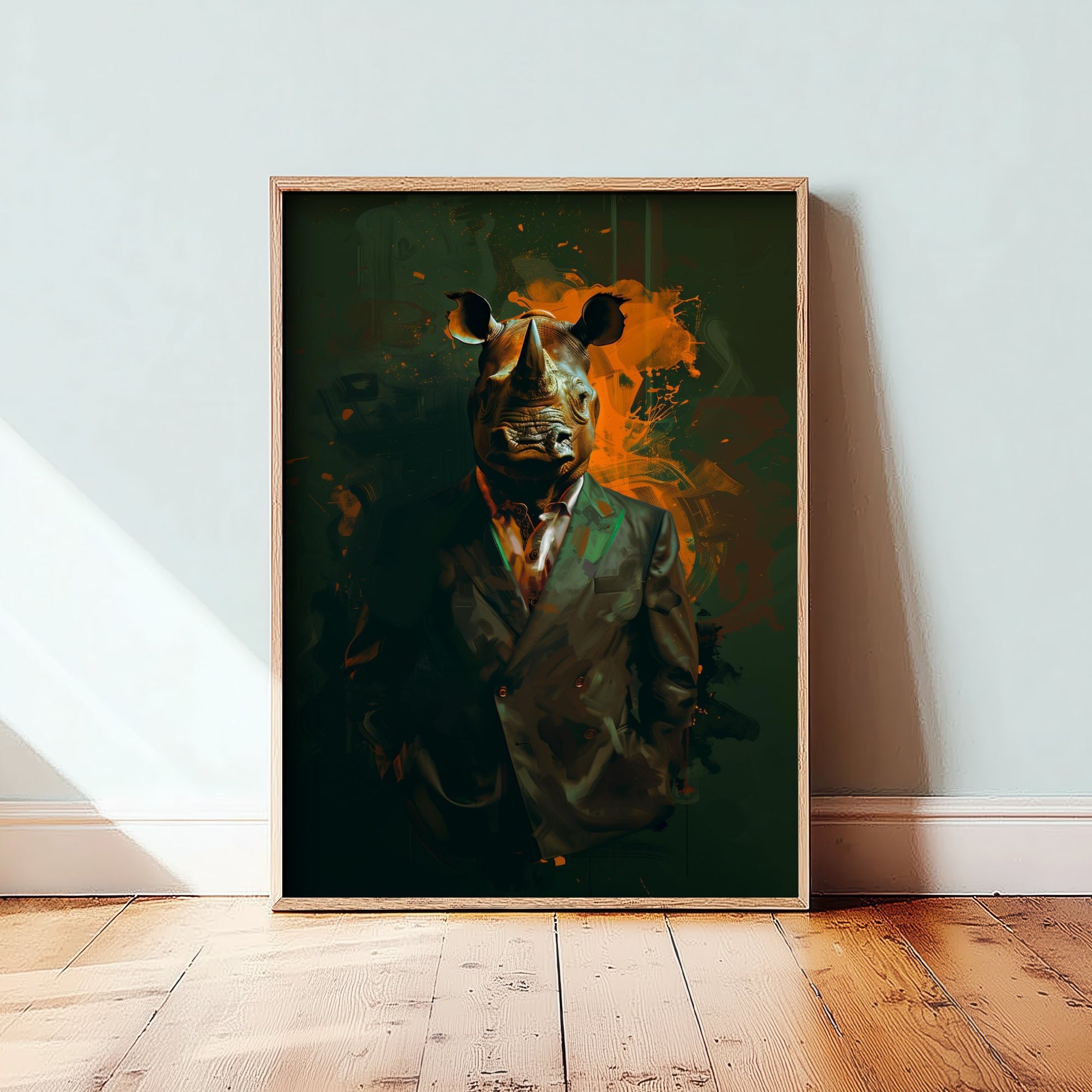 Rhino in a Suit Art Print - Bold Animal Portrait Poster - Quirky Animal Painting - Modern Safari Animal V3 1/3