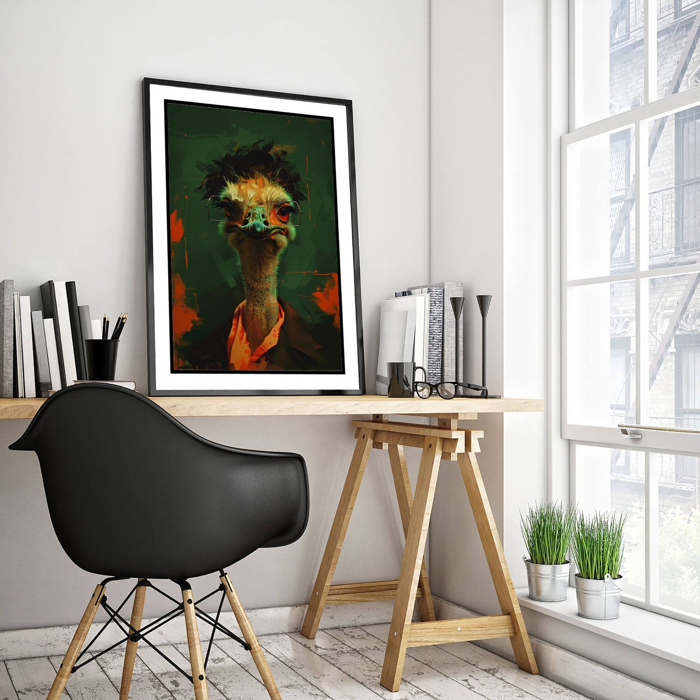 Ostrich in Glasses Art Print - Bold Animal Portrait Poster - Quirky Animal Painting - Nerdy Safari Bird V3 2/3