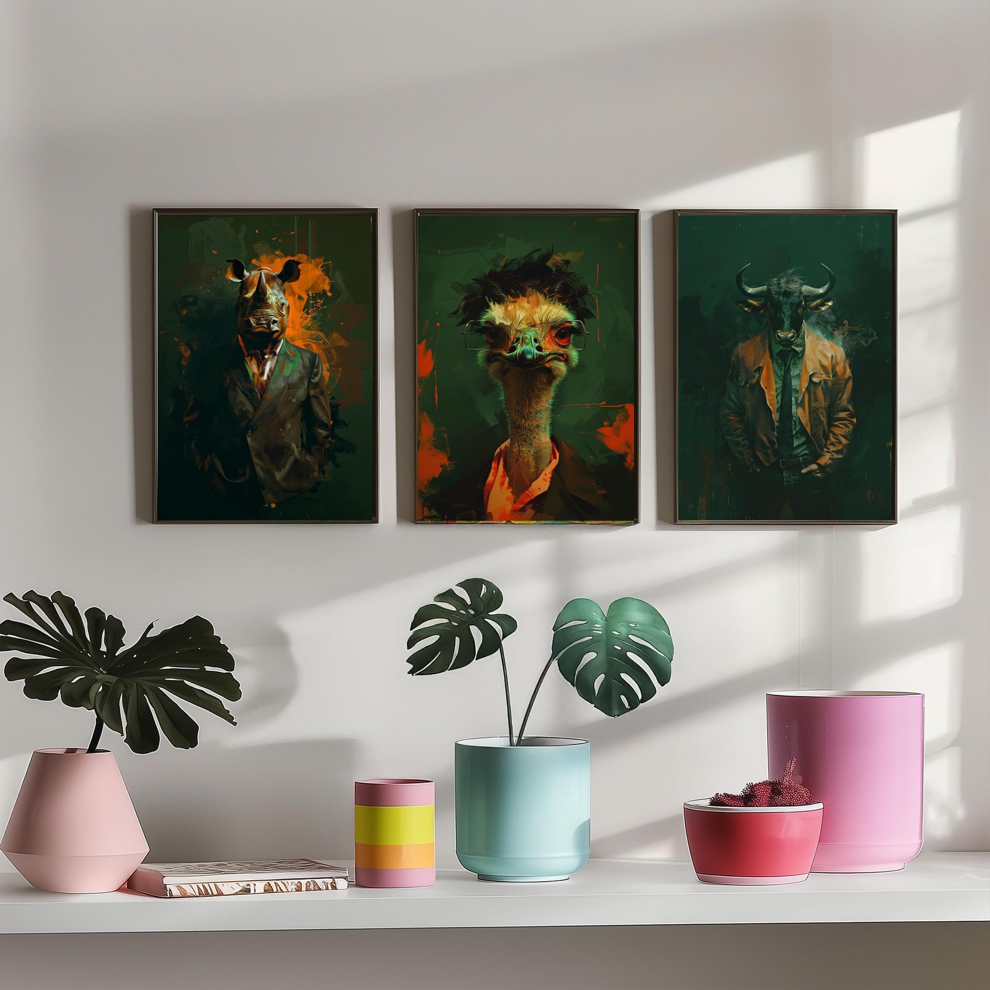 Savannah Monarchs Set of Three Art Prints - Rhino, Ostrich, Wildebeest in Suits Posters - Dark Grunge Animal Painting V3