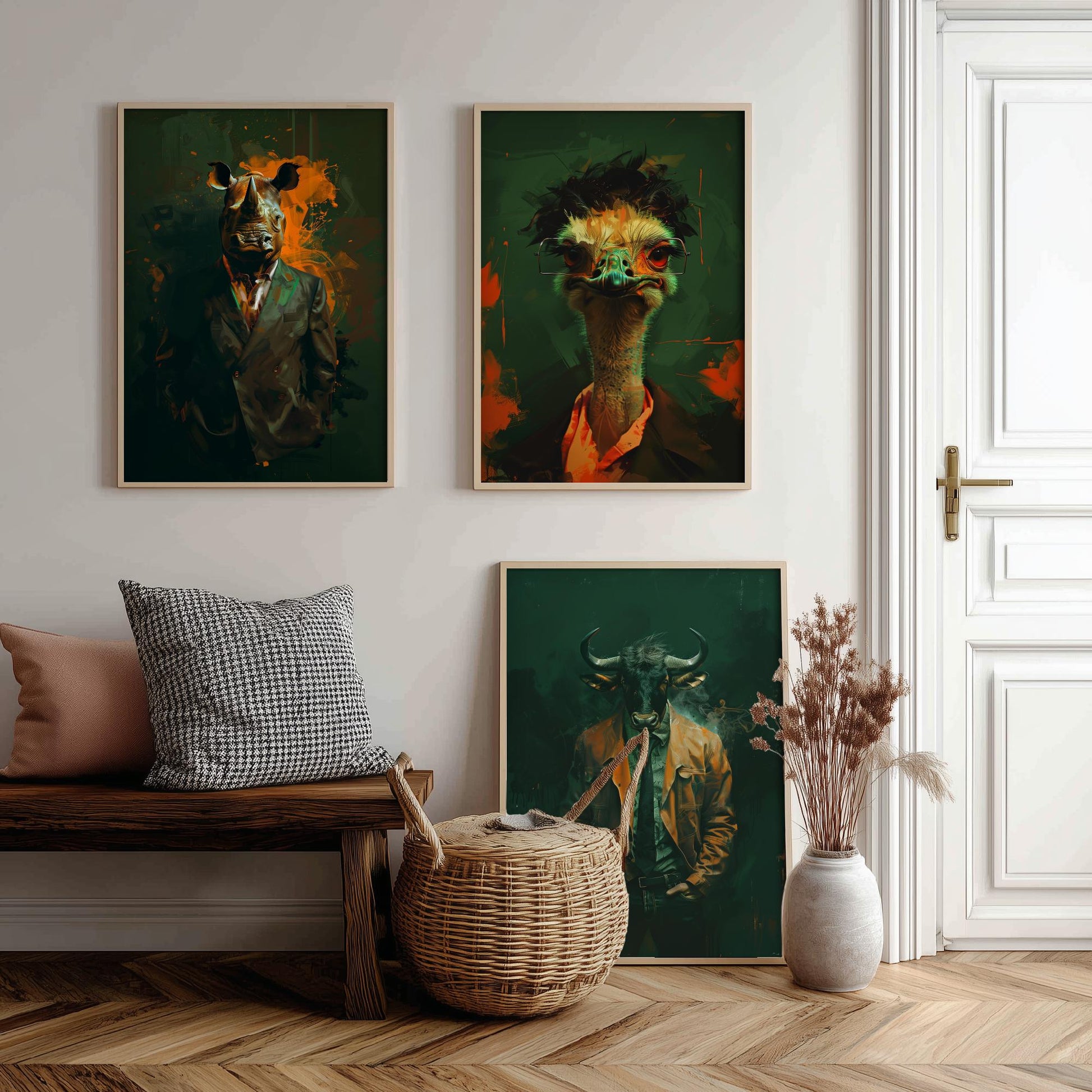 Savannah Monarchs Set of Three Art Prints - Rhino, Ostrich, Wildebeest in Suits Posters - Dark Grunge Animal Painting V3