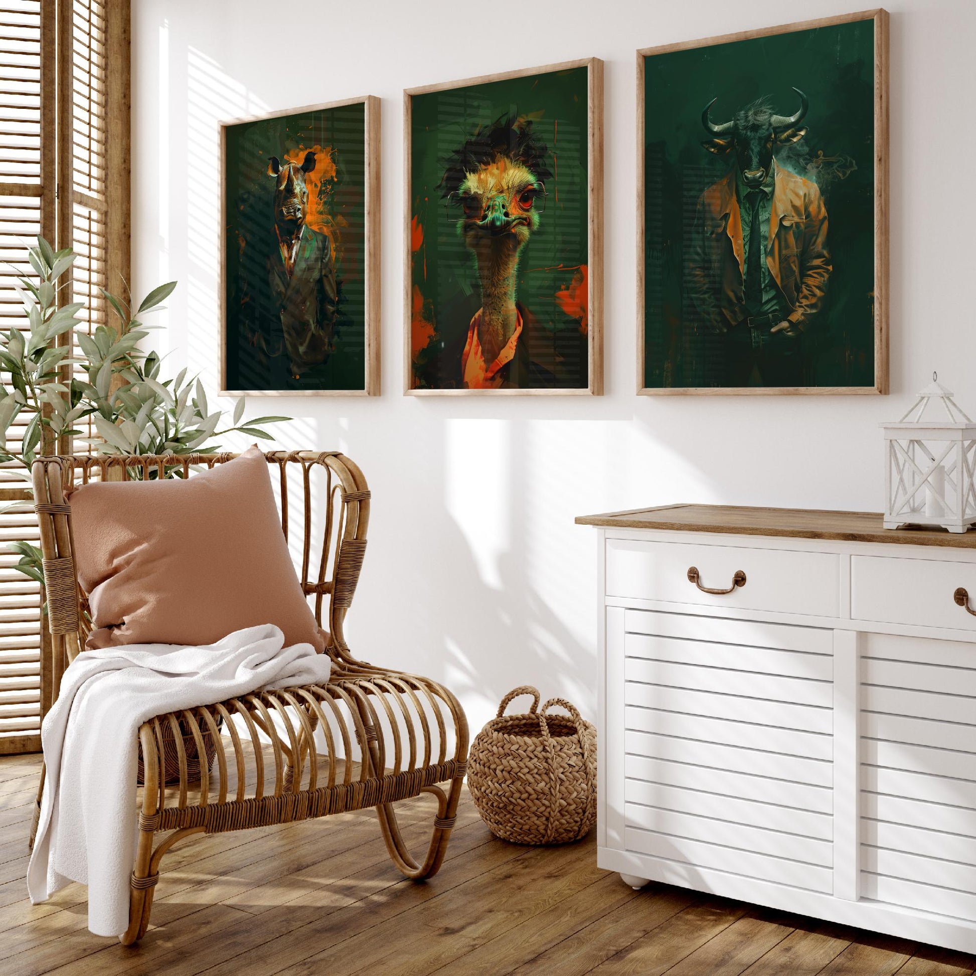 Savannah Monarchs Set of Three Art Prints - Rhino, Ostrich, Wildebeest in Suits Posters - Dark Grunge Animal Painting V3