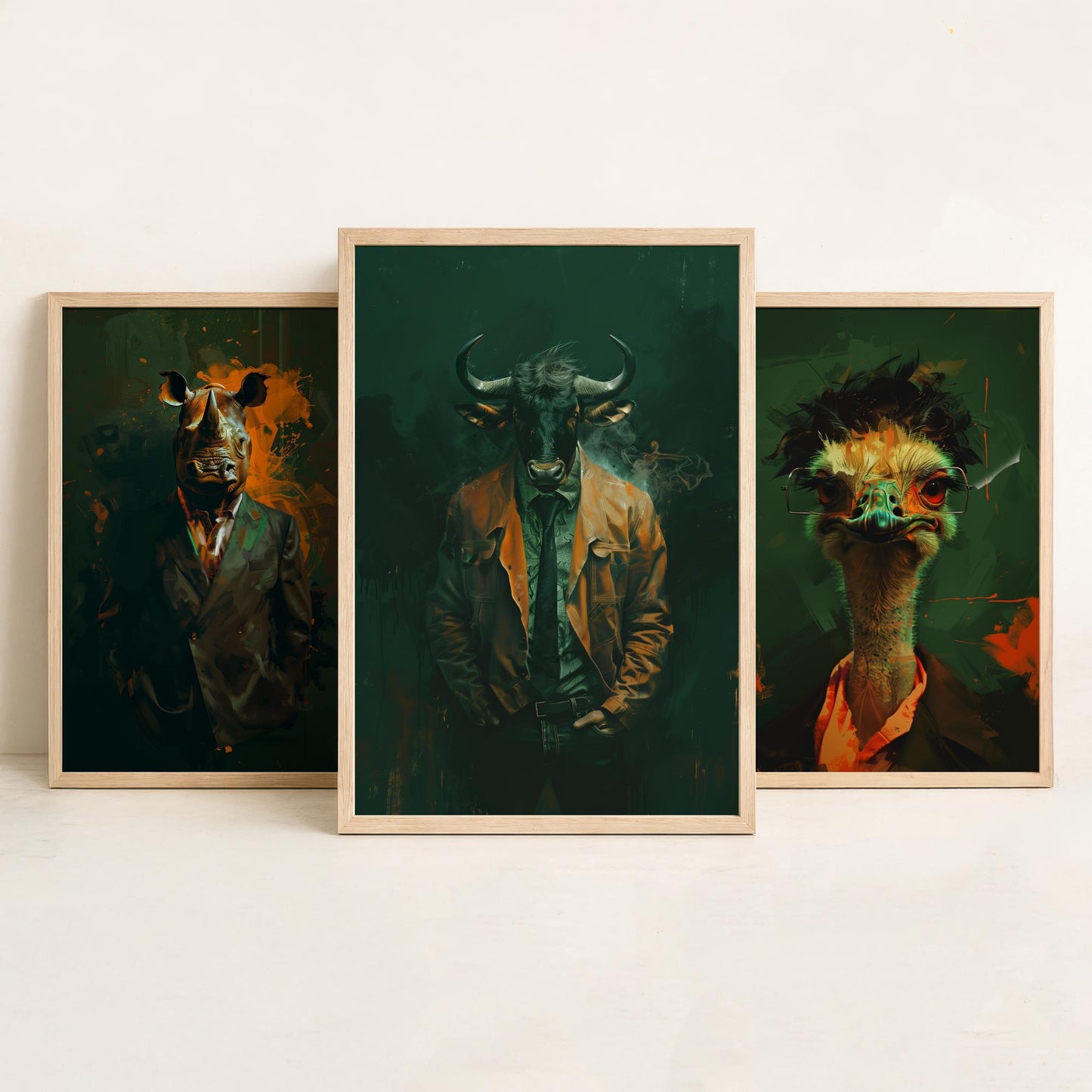 Savannah Monarchs Set of Three Art Prints - Rhino, Ostrich, Wildebeest in Suits Posters - Dark Grunge Animal Painting V3