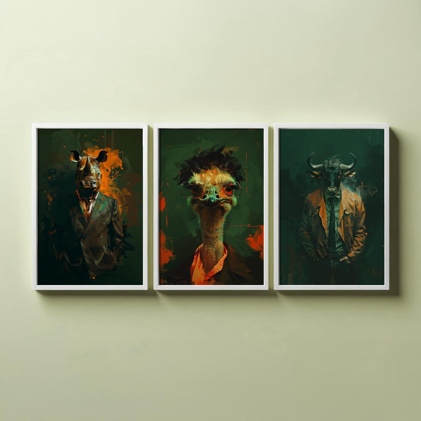 Savannah Monarchs Set of Three Art Prints - Rhino, Ostrich, Wildebeest in Suits Posters - Dark Grunge Animal Painting V3