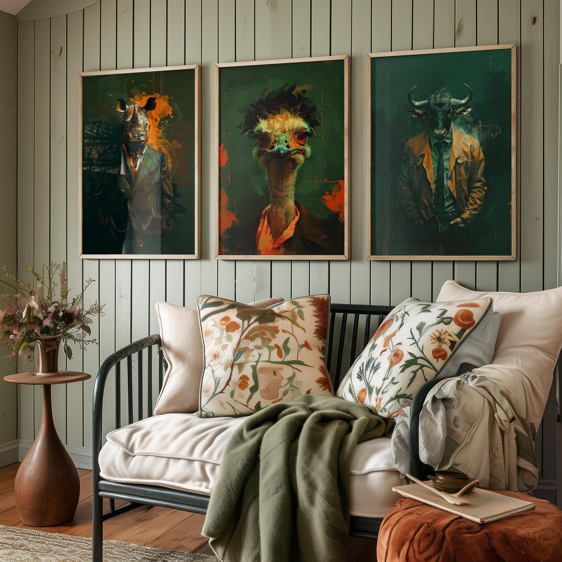 Savannah Monarchs Set of Three Art Prints - Rhino, Ostrich, Wildebeest in Suits Posters - Dark Grunge Animal Painting V3