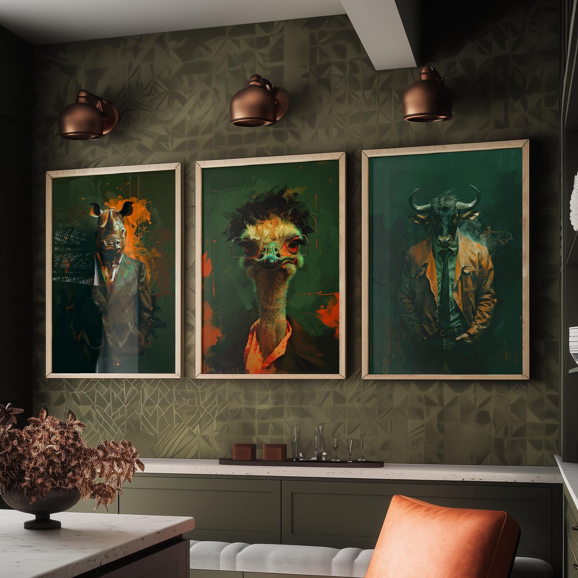Savannah Monarchs Set of Three Art Prints - Rhino, Ostrich, Wildebeest in Suits Posters - Dark Grunge Animal Painting V3