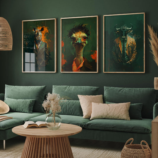 Savannah Monarchs Set of Three Art Prints - Rhino, Ostrich, Wildebeest in Suits Posters - Dark Grunge Animal Painting V3