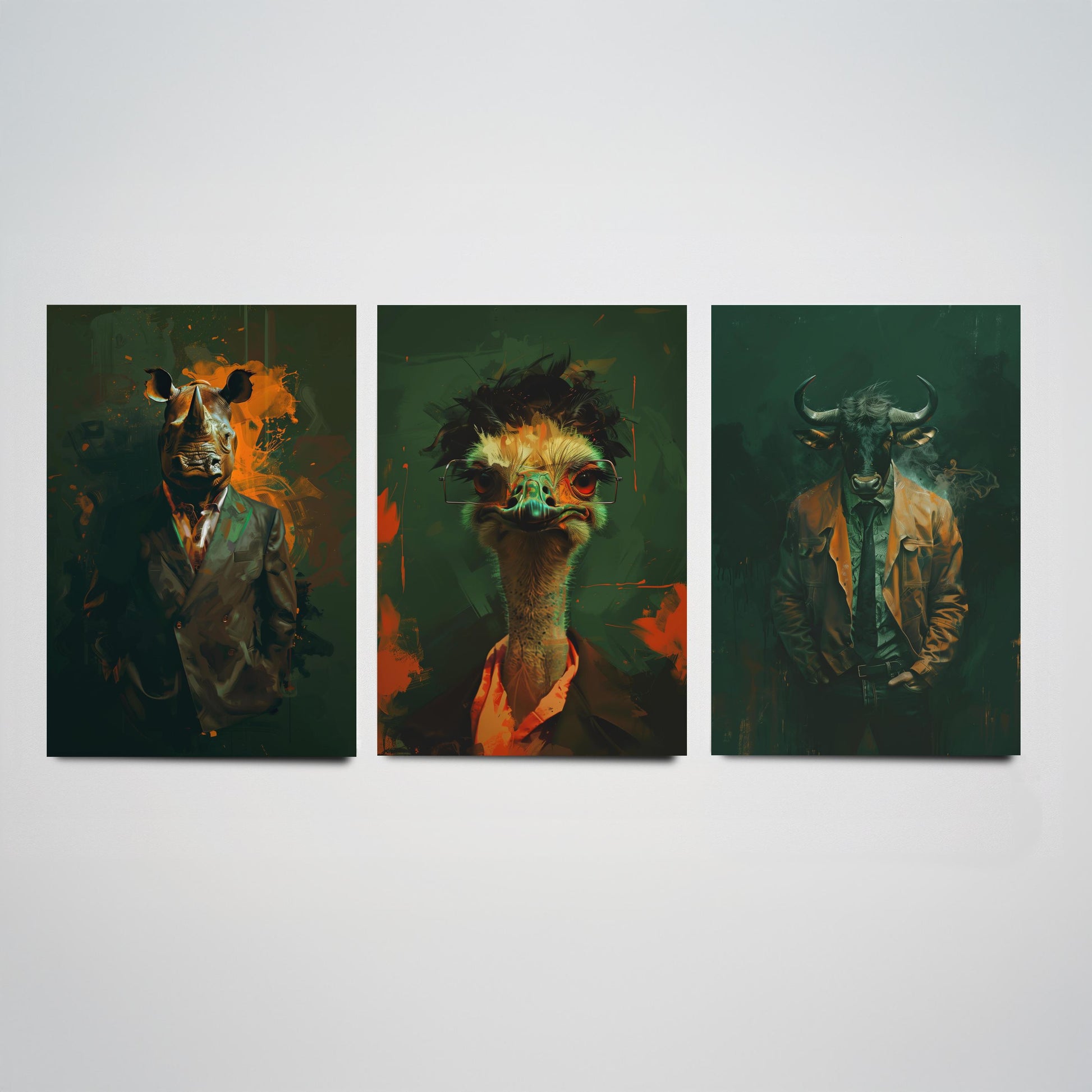 Savannah Monarchs Set of Three Art Prints - Rhino, Ostrich, Wildebeest in Suits Posters - Dark Grunge Animal Painting V3