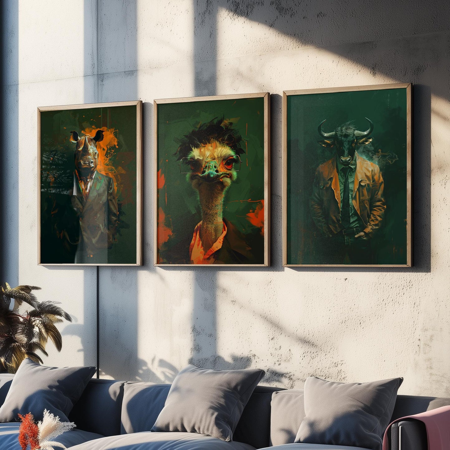 Savannah Monarchs Set of Three Art Prints - Rhino, Ostrich, Wildebeest in Suits Posters - Dark Grunge Animal Painting V3