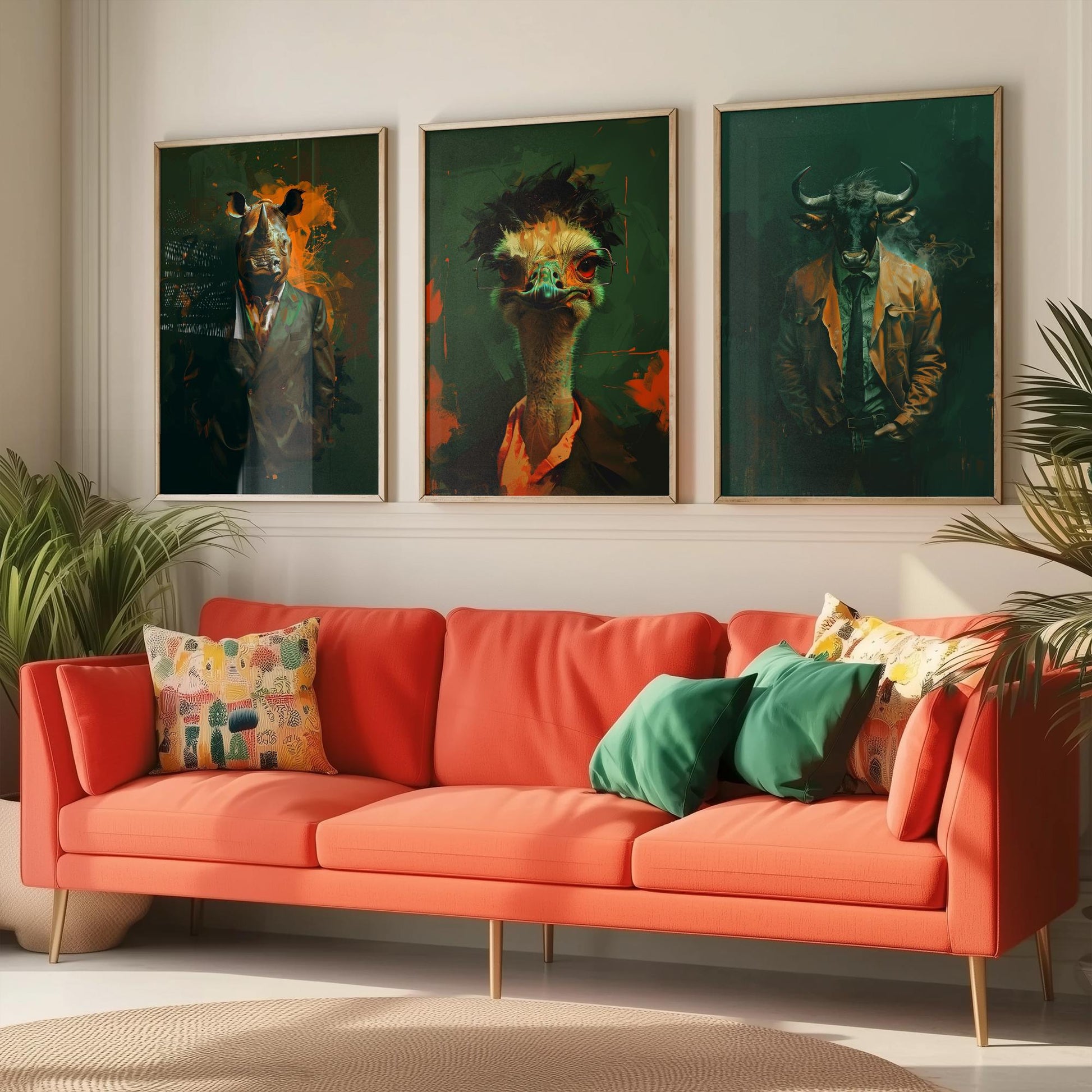 Savannah Monarchs Set of Three Art Prints - Rhino, Ostrich, Wildebeest in Suits Posters - Dark Grunge Animal Painting V3