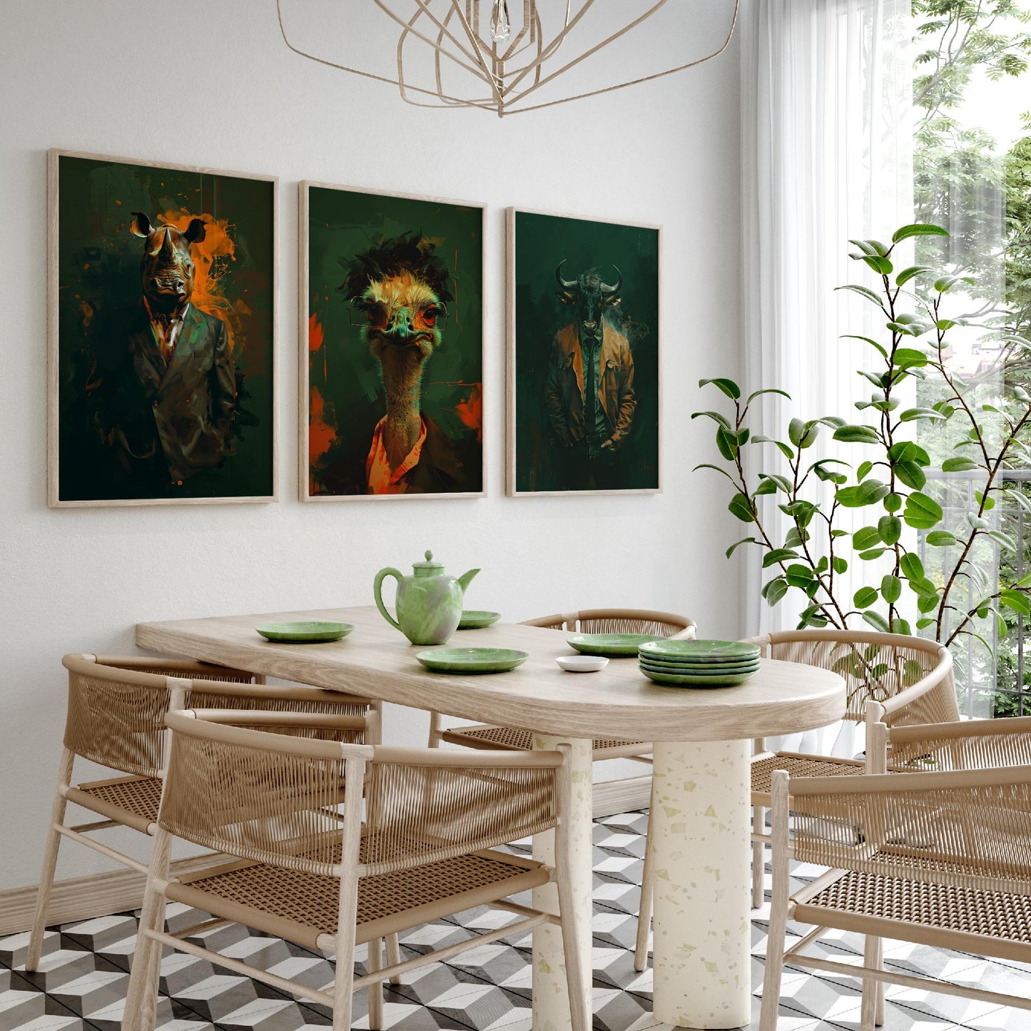 Savannah Monarchs Set of Three Art Prints - Rhino, Ostrich, Wildebeest in Suits Posters - Dark Grunge Animal Painting V3