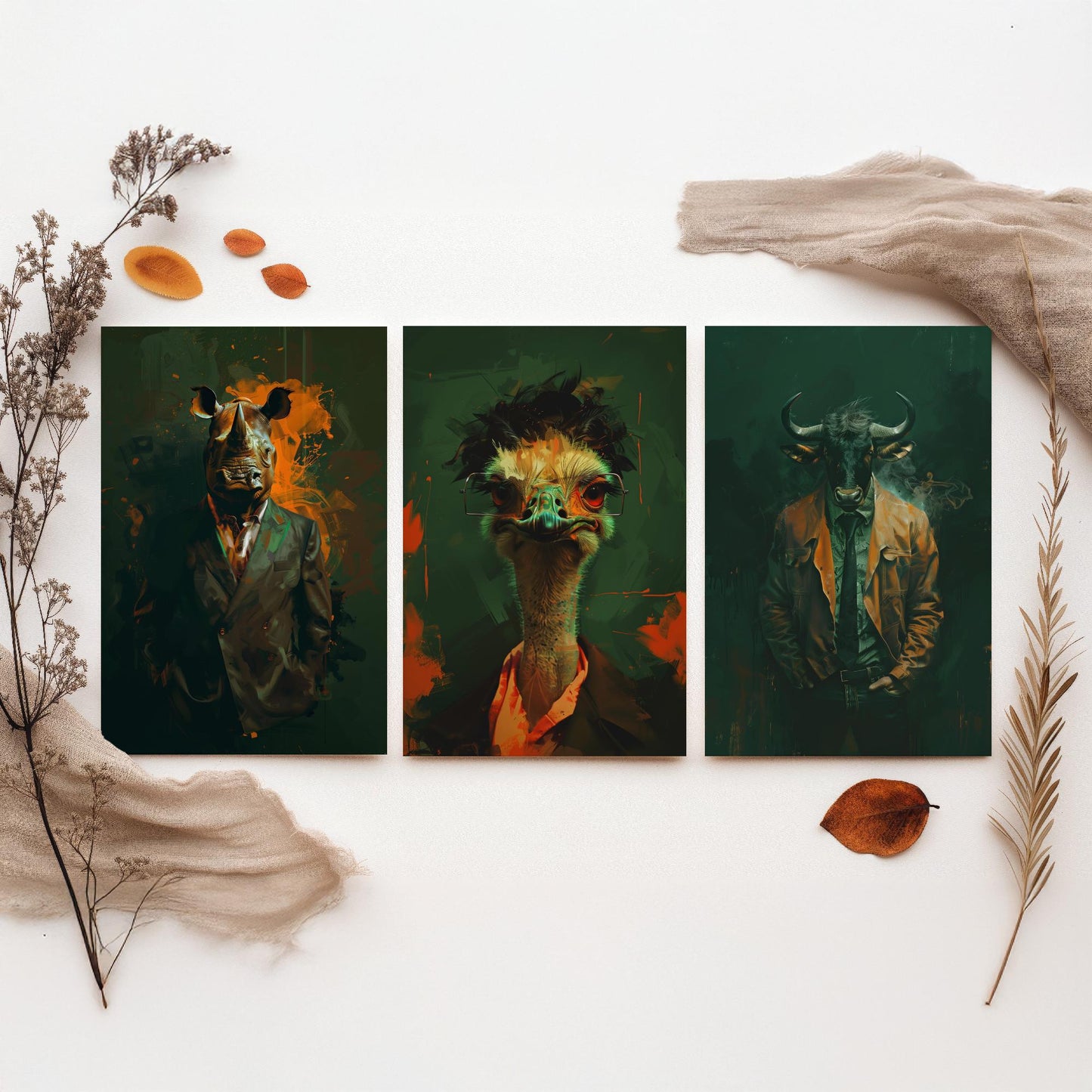 Savannah Monarchs Set of Three Art Prints - Rhino, Ostrich, Wildebeest in Suits Posters - Dark Grunge Animal Painting V3