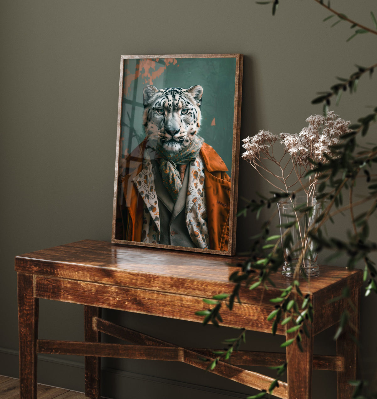 Snow Leopard in a Suit Art Print - Whimsical Animal Portrait Poster - Quirky Big Cat Painting - Dapper Gent 1/3