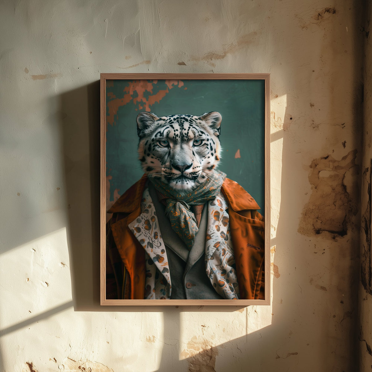 Snow Leopard in a Suit Art Print - Whimsical Animal Portrait Poster - Quirky Big Cat Painting - Dapper Gent 1/3