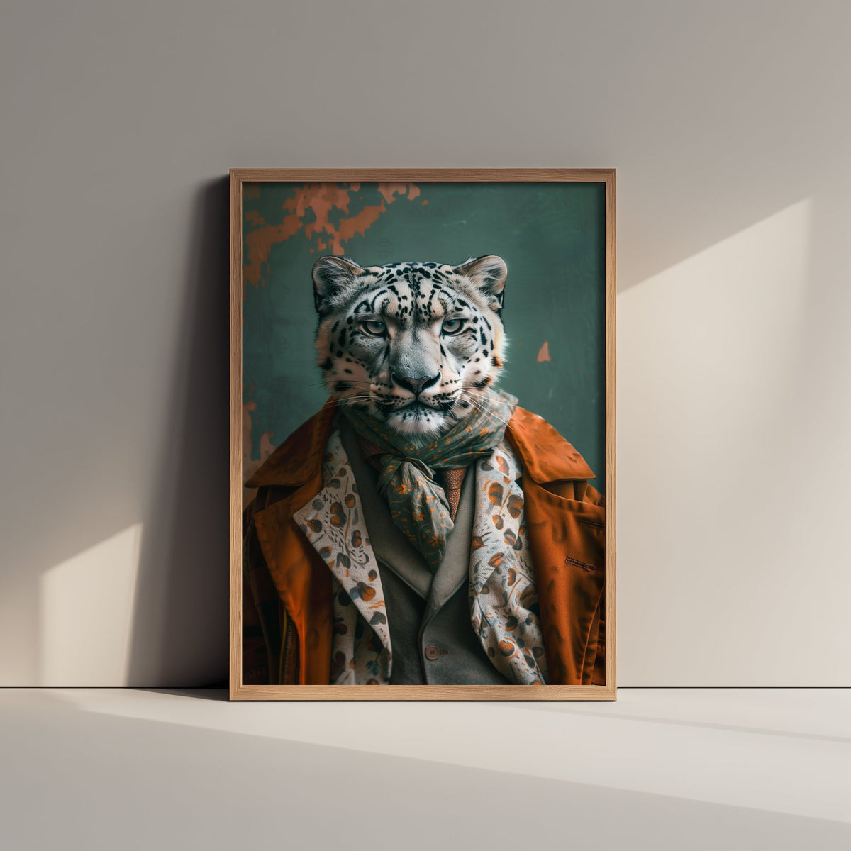 Snow Leopard in a Suit Art Print - Whimsical Animal Portrait Poster - Quirky Big Cat Painting - Dapper Gent 1/3