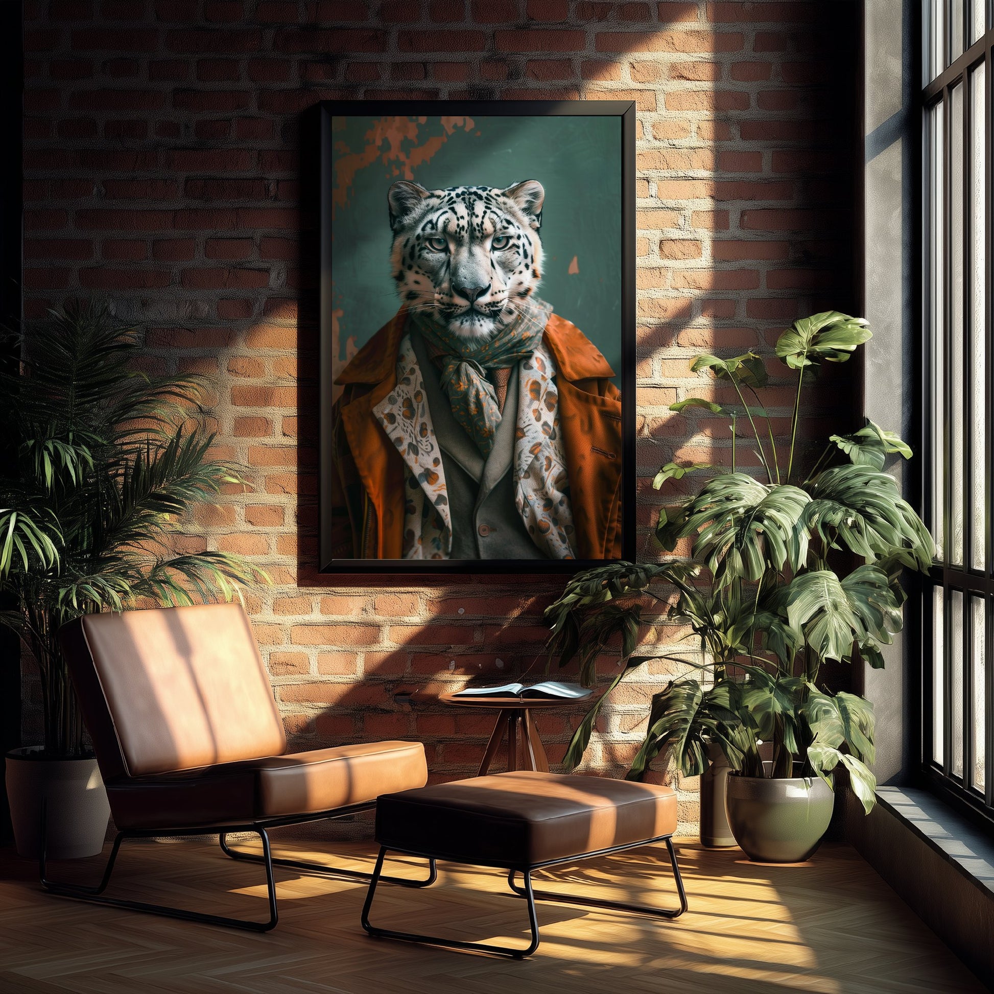 Snow Leopard in a Suit Art Print - Whimsical Animal Portrait Poster - Quirky Big Cat Painting - Dapper Gent 1/3