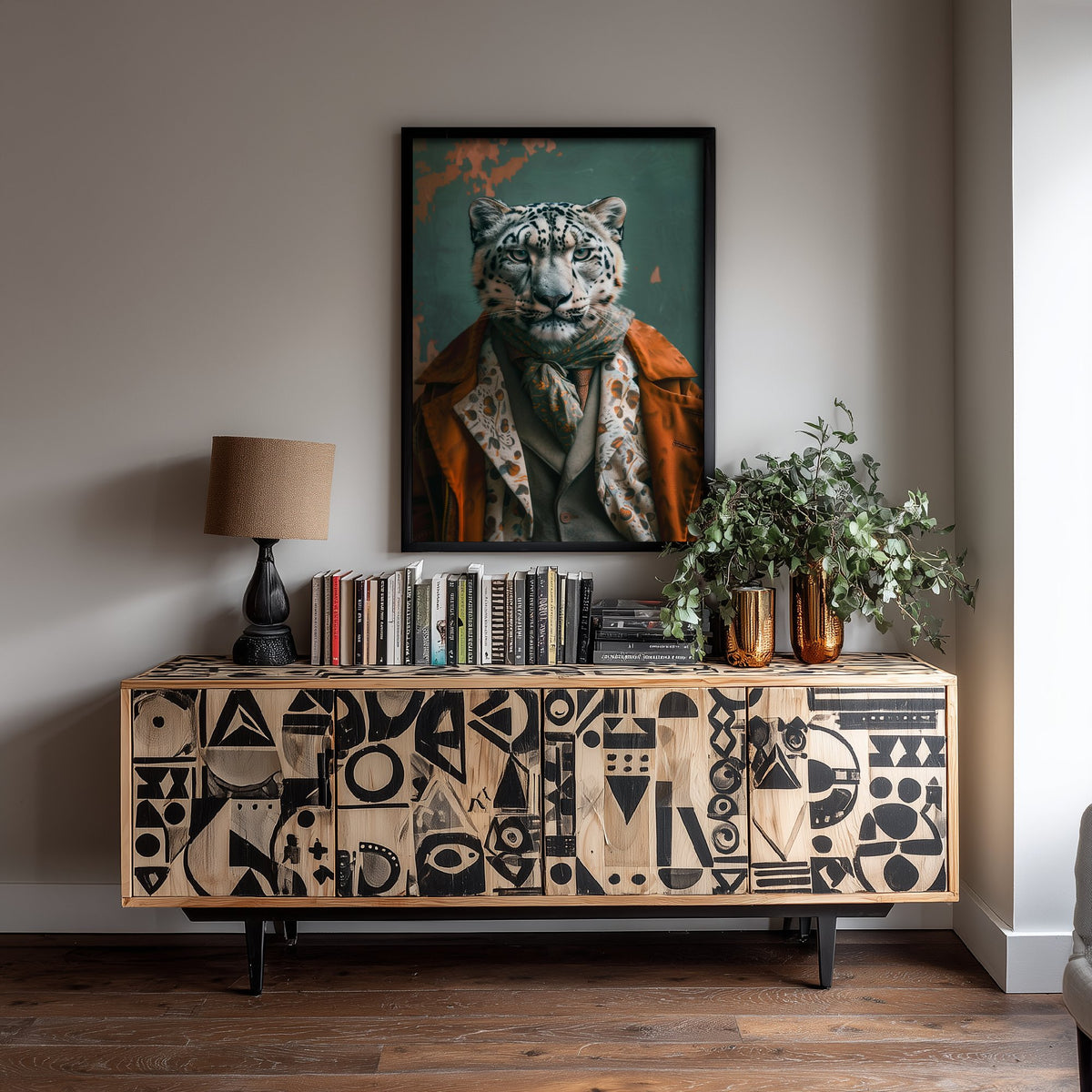 Snow Leopard in a Suit Art Print - Whimsical Animal Portrait Poster - Quirky Big Cat Painting - Dapper Gent 1/3