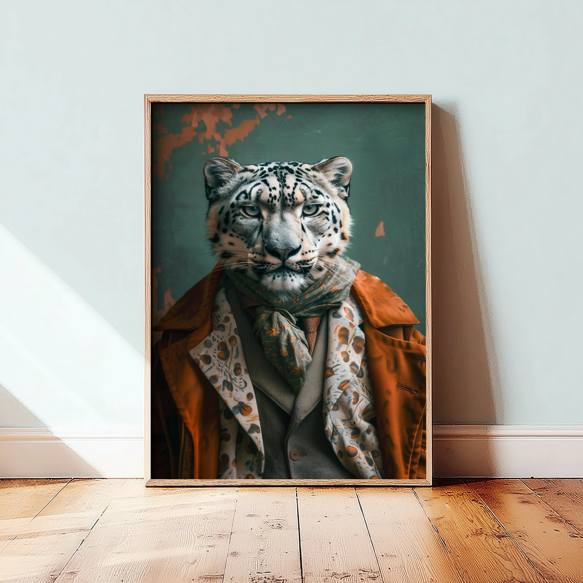 Snow Leopard in a Suit Art Print - Whimsical Animal Portrait Poster - Quirky Big Cat Painting - Dapper Gent 1/3