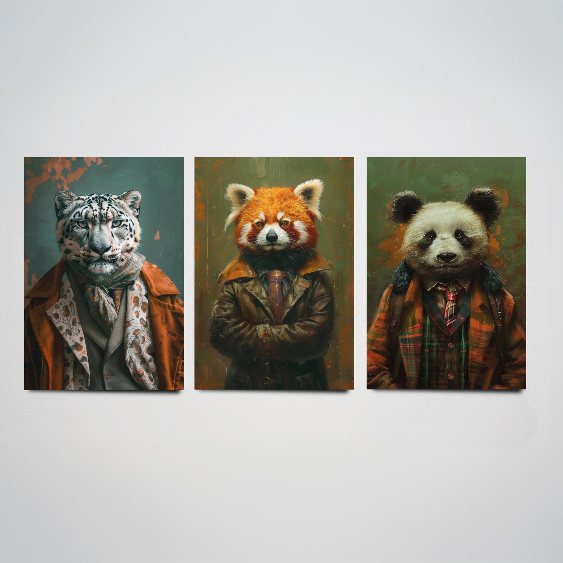 Animals in Suits Set of Three Art Prints - Snow Leopard, Red Panda, Panda Portrait Posters - Mountain Animal Painting Decor