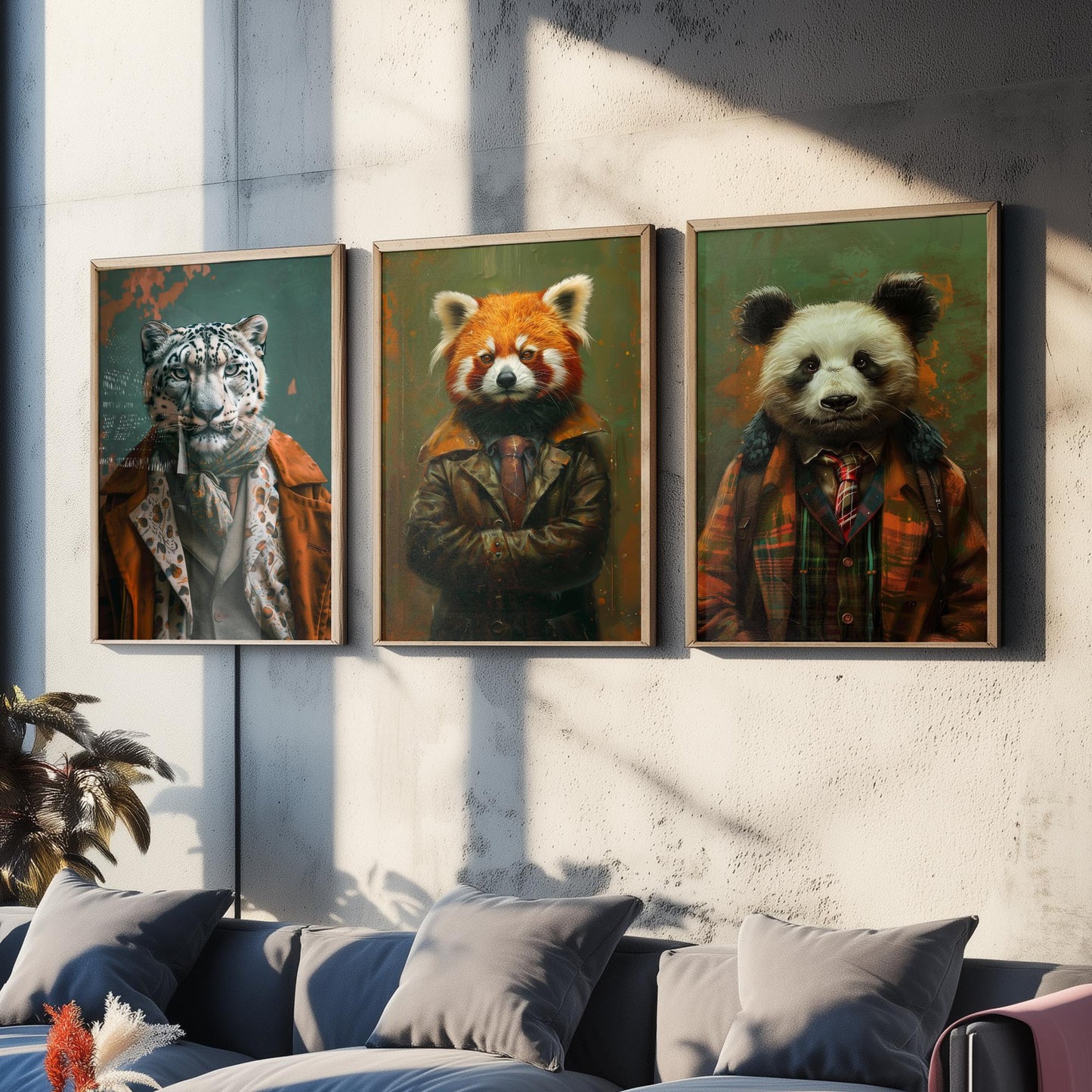 Animals in Suits Set of Three Art Prints - Snow Leopard, Red Panda, Panda Portrait Posters - Mountain Animal Painting Decor