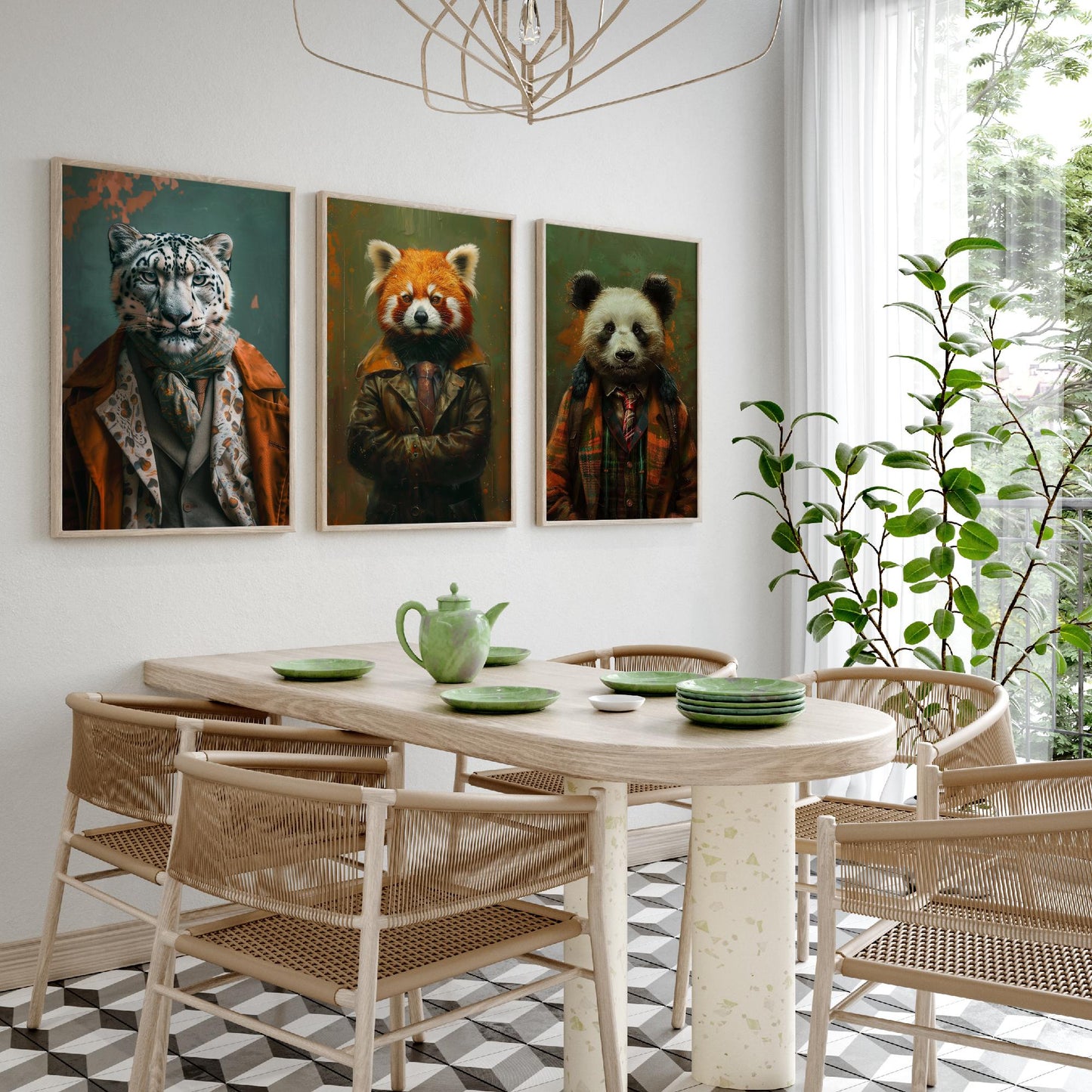 Animals in Suits Set of Three Art Prints - Snow Leopard, Red Panda, Panda Portrait Posters - Mountain Animal Painting Decor