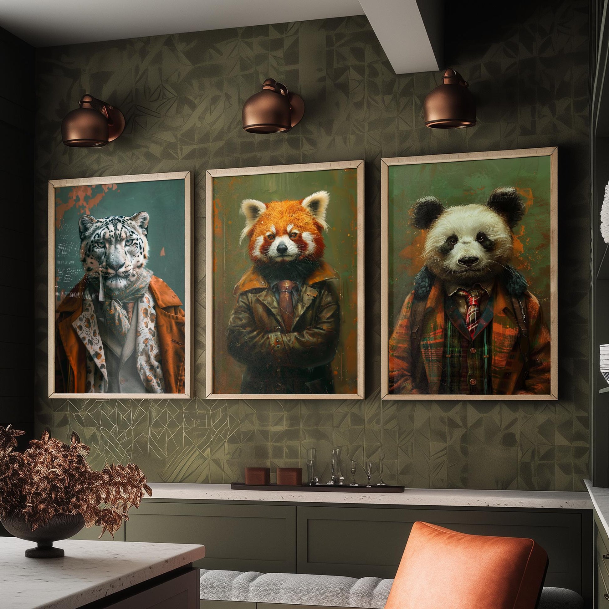 Animals in Suits Set of Three Art Prints - Snow Leopard, Red Panda, Panda Portrait Posters - Mountain Animal Painting Decor