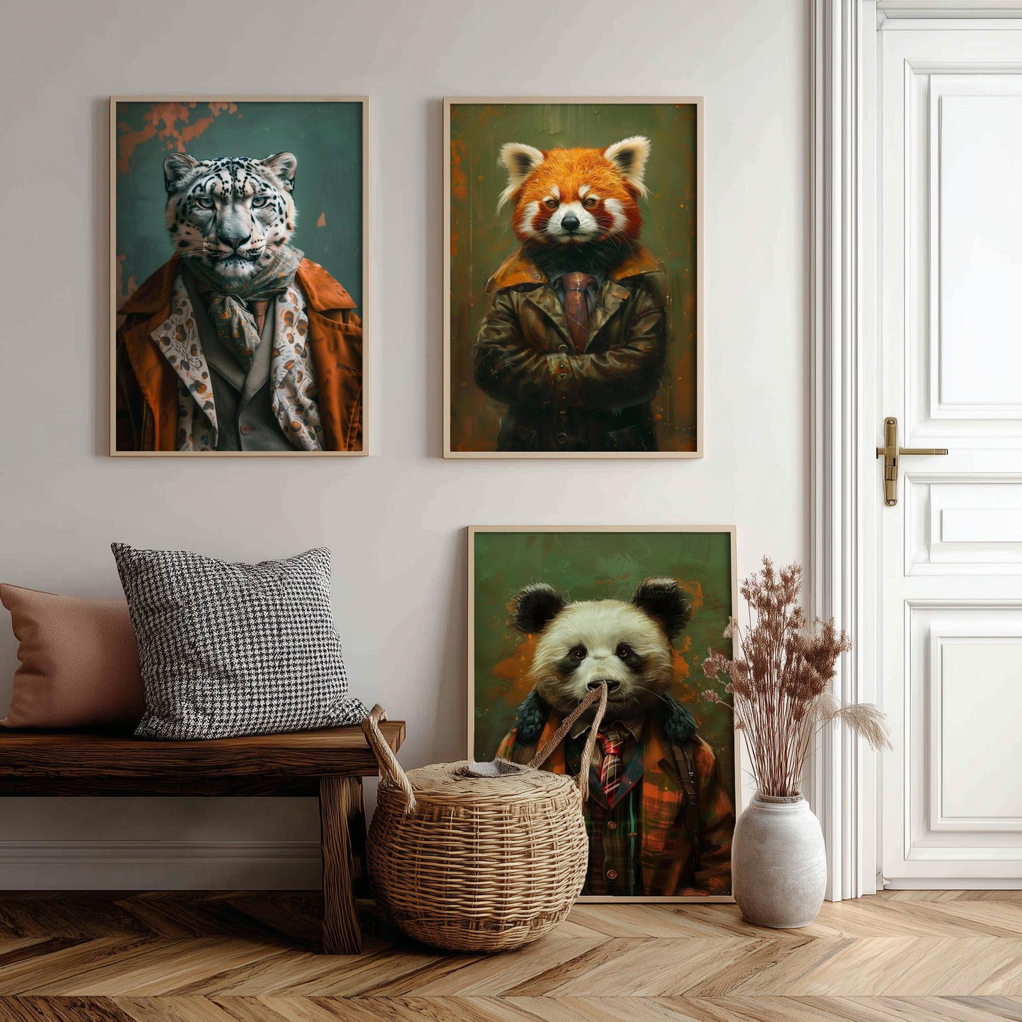 Animals in Suits Set of Three Art Prints - Snow Leopard, Red Panda, Panda Portrait Posters - Mountain Animal Painting Decor