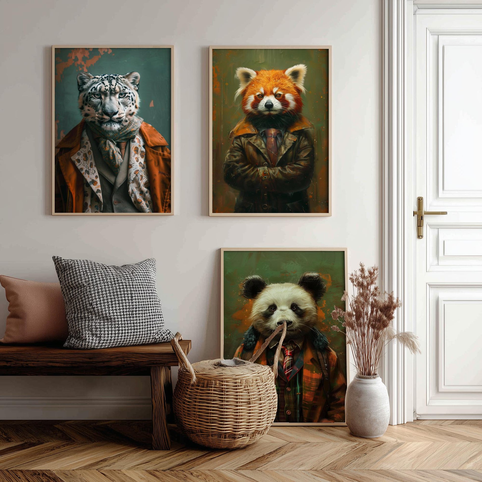 Animals in Suits Set of Three Art Prints - Snow Leopard, Red Panda, Panda Portrait Posters - Mountain Animal Painting Decor
