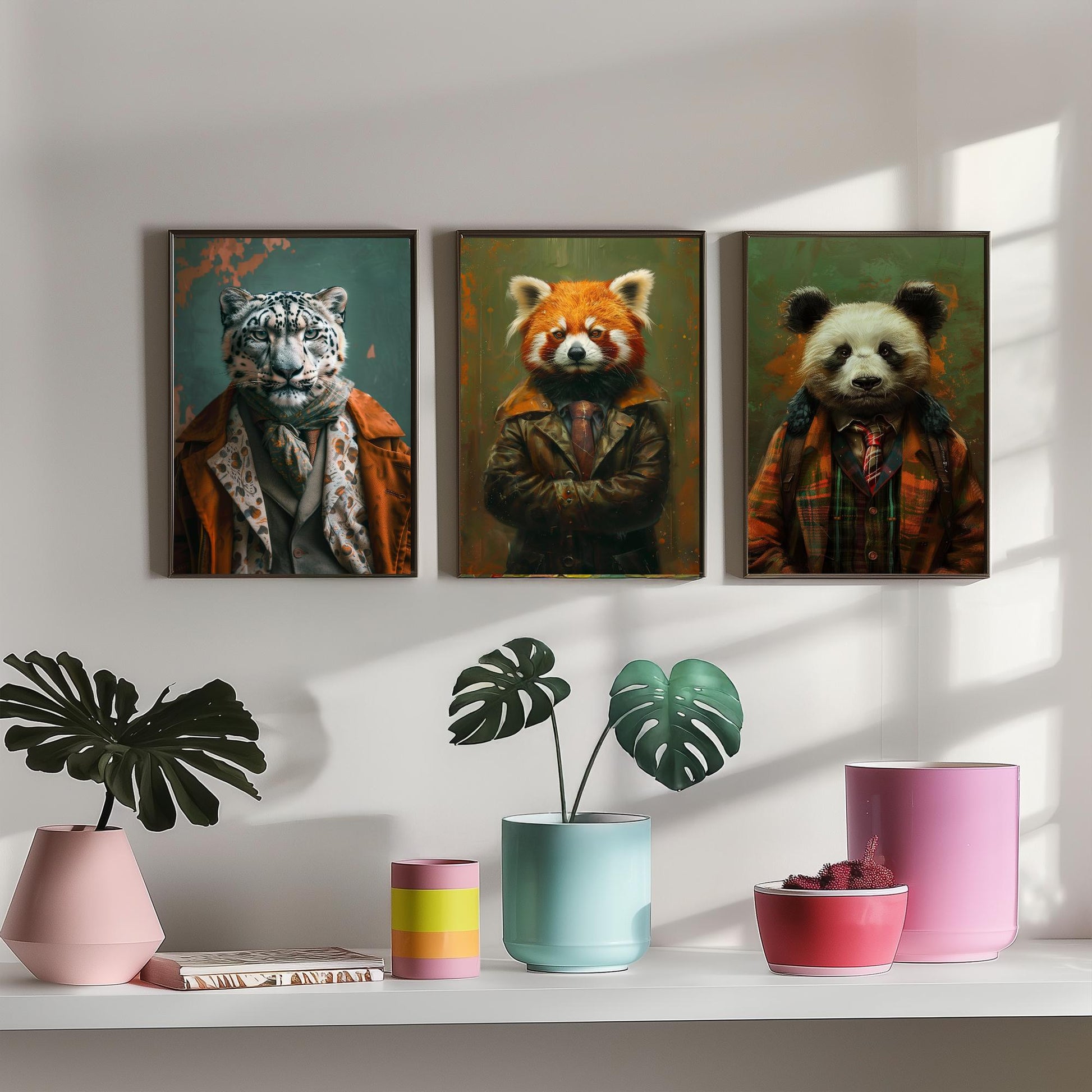 Animals in Suits Set of Three Art Prints - Snow Leopard, Red Panda, Panda Portrait Posters - Mountain Animal Painting Decor