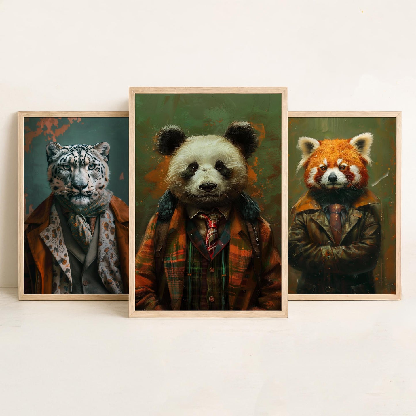 Animals in Suits Set of Three Art Prints - Snow Leopard, Red Panda, Panda Portrait Posters - Mountain Animal Painting Decor