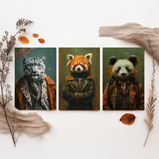 Animals in Suits Set of Three Art Prints - Snow Leopard, Red Panda, Panda Portrait Posters - Mountain Animal Painting Decor
