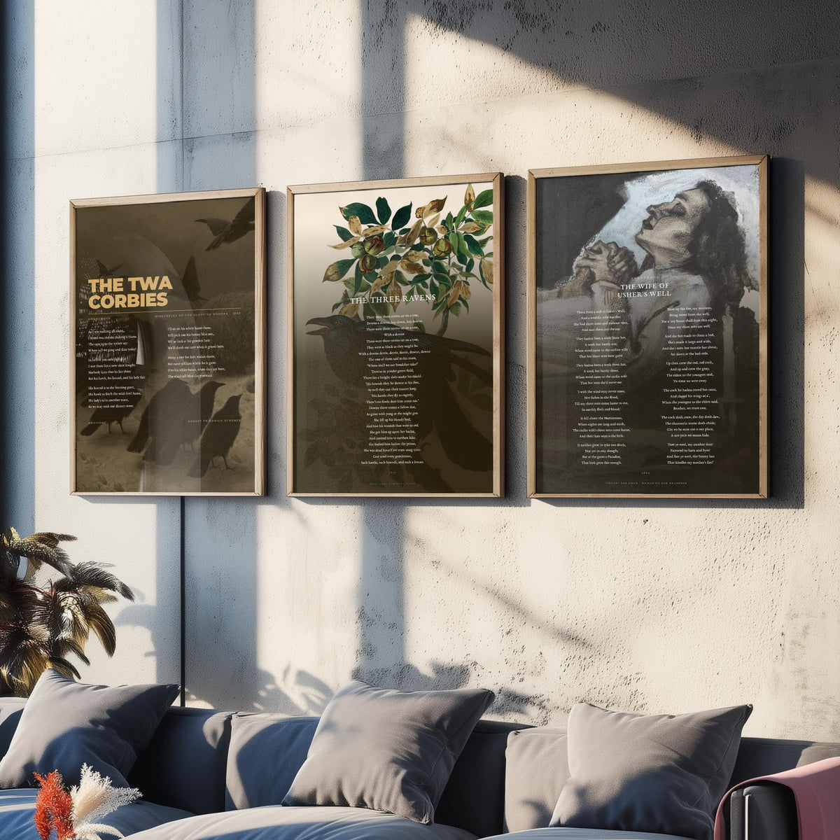 Traditional Ballads Set of Three Art Prints - The Twa Corbies, The Wife of Ushers Well - Full Poems over Classic Paintings - Poetry Poster