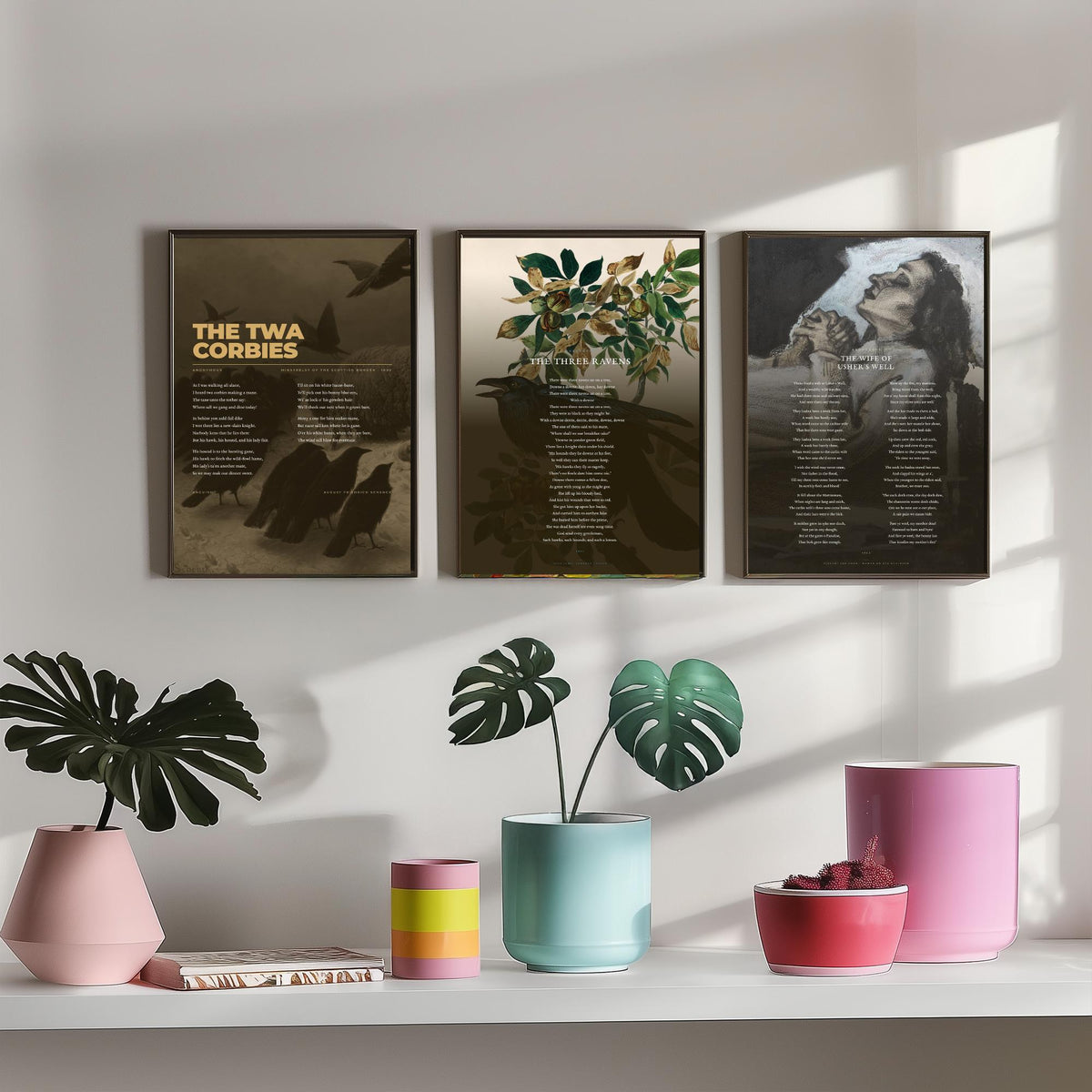 Traditional Ballads Set of Three Art Prints - The Twa Corbies, The Wife of Ushers Well - Full Poems over Classic Paintings - Poetry Poster