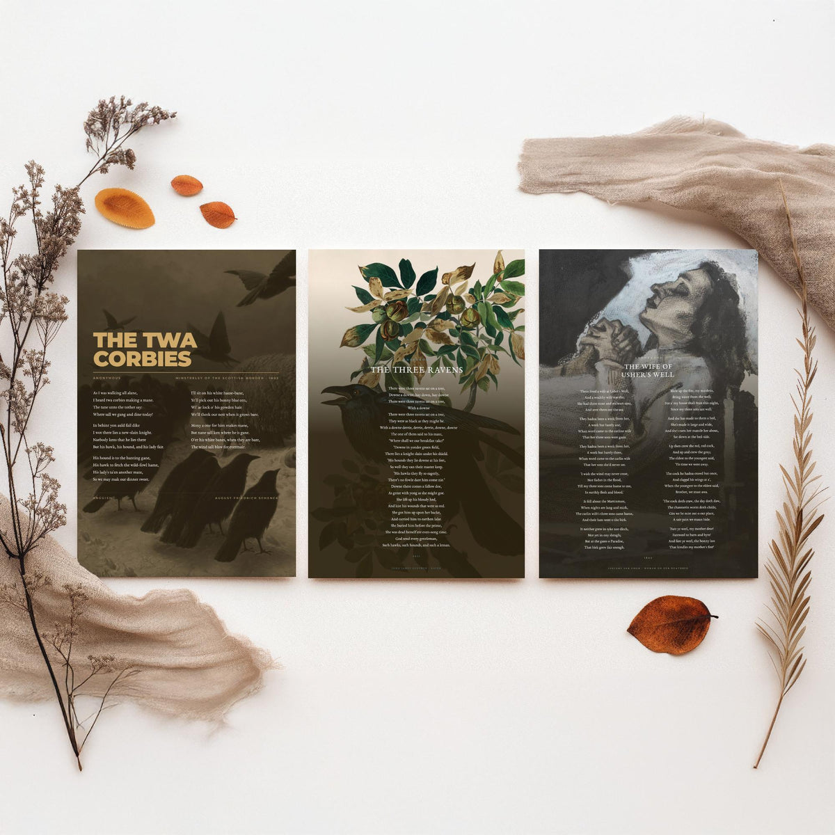 Traditional Ballads Set of Three Art Prints - The Twa Corbies, The Wife of Ushers Well - Full Poems over Classic Paintings - Poetry Poster