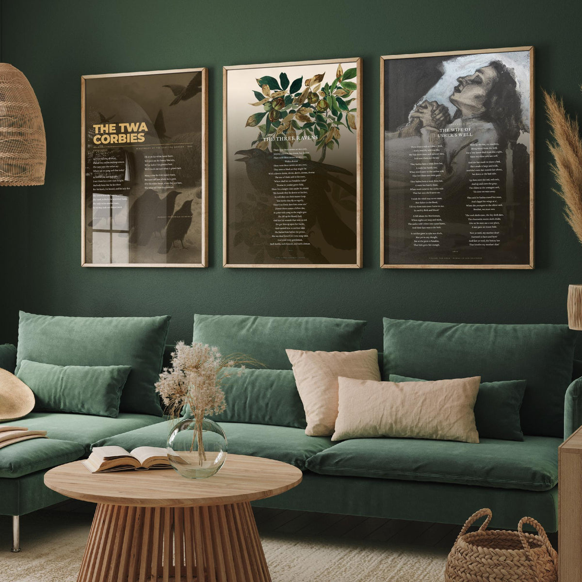 Traditional Ballads Set of Three Art Prints - The Twa Corbies, The Wife of Ushers Well - Full Poems over Classic Paintings - Poetry Poster