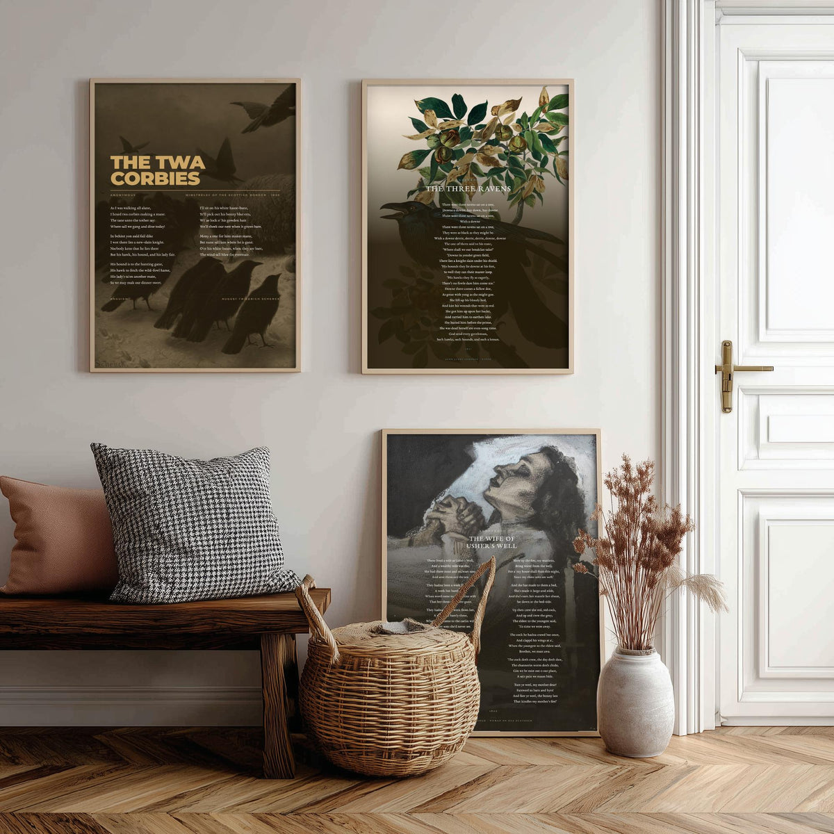 Traditional Ballads Set of Three Art Prints - The Twa Corbies, The Wife of Ushers Well - Full Poems over Classic Paintings - Poetry Poster