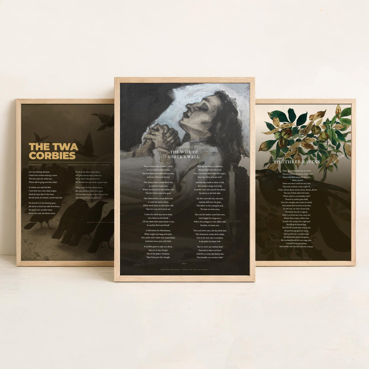 Traditional Ballads Set of Three Art Prints - The Twa Corbies, The Wife of Ushers Well - Full Poems over Classic Paintings - Poetry Poster