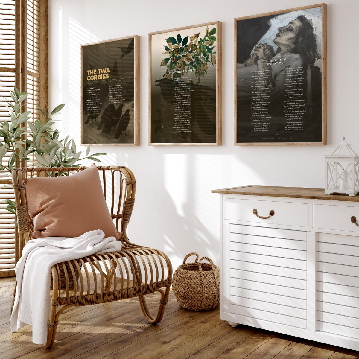 Traditional Ballads Set of Three Art Prints - The Twa Corbies, The Wife of Ushers Well - Full Poems over Classic Paintings - Poetry Poster