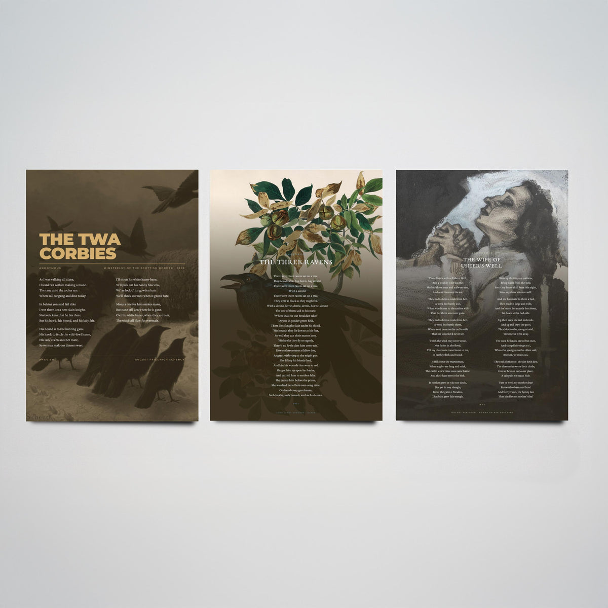 Traditional Ballads Set of Three Art Prints - The Twa Corbies, The Wife of Ushers Well - Full Poems over Classic Paintings - Poetry Poster