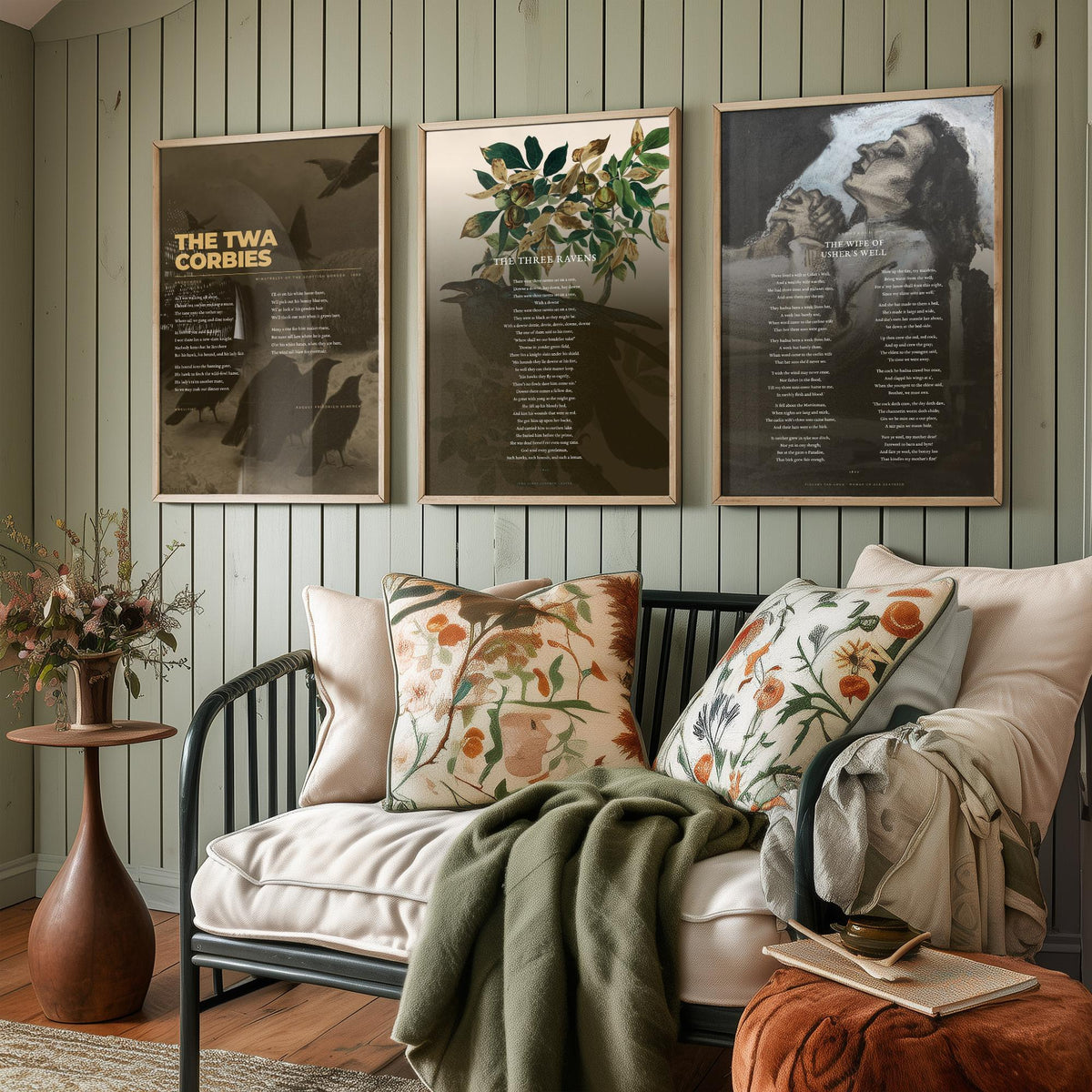 Traditional Ballads Set of Three Art Prints - The Twa Corbies, The Wife of Ushers Well - Full Poems over Classic Paintings - Poetry Poster