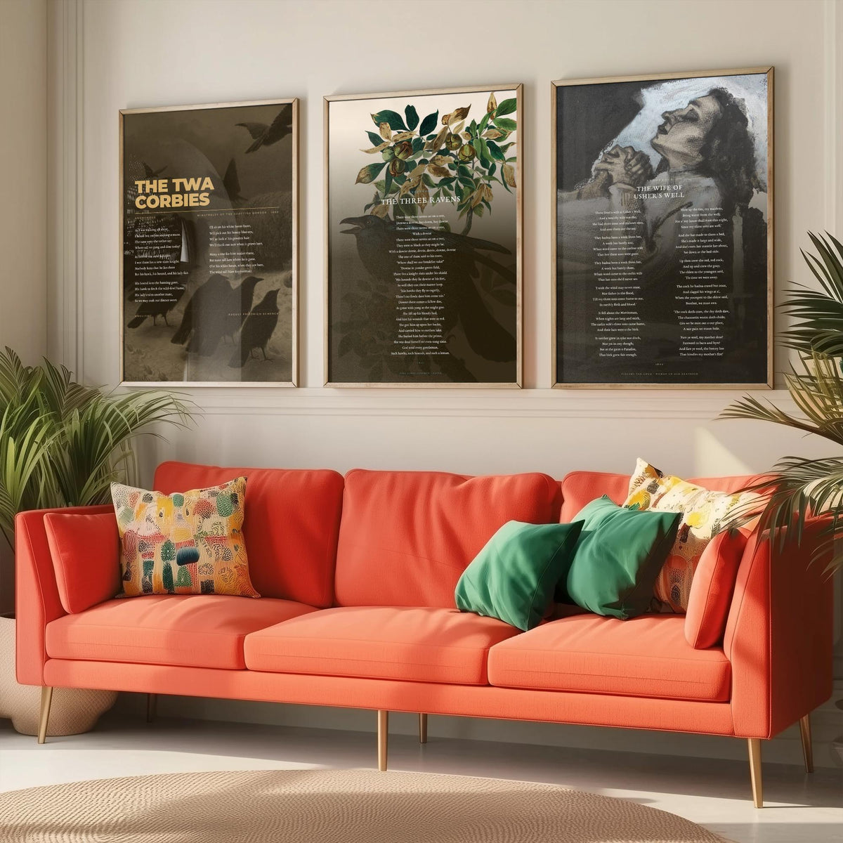 Traditional Ballads Set of Three Art Prints - The Twa Corbies, The Wife of Ushers Well - Full Poems over Classic Paintings - Poetry Poster