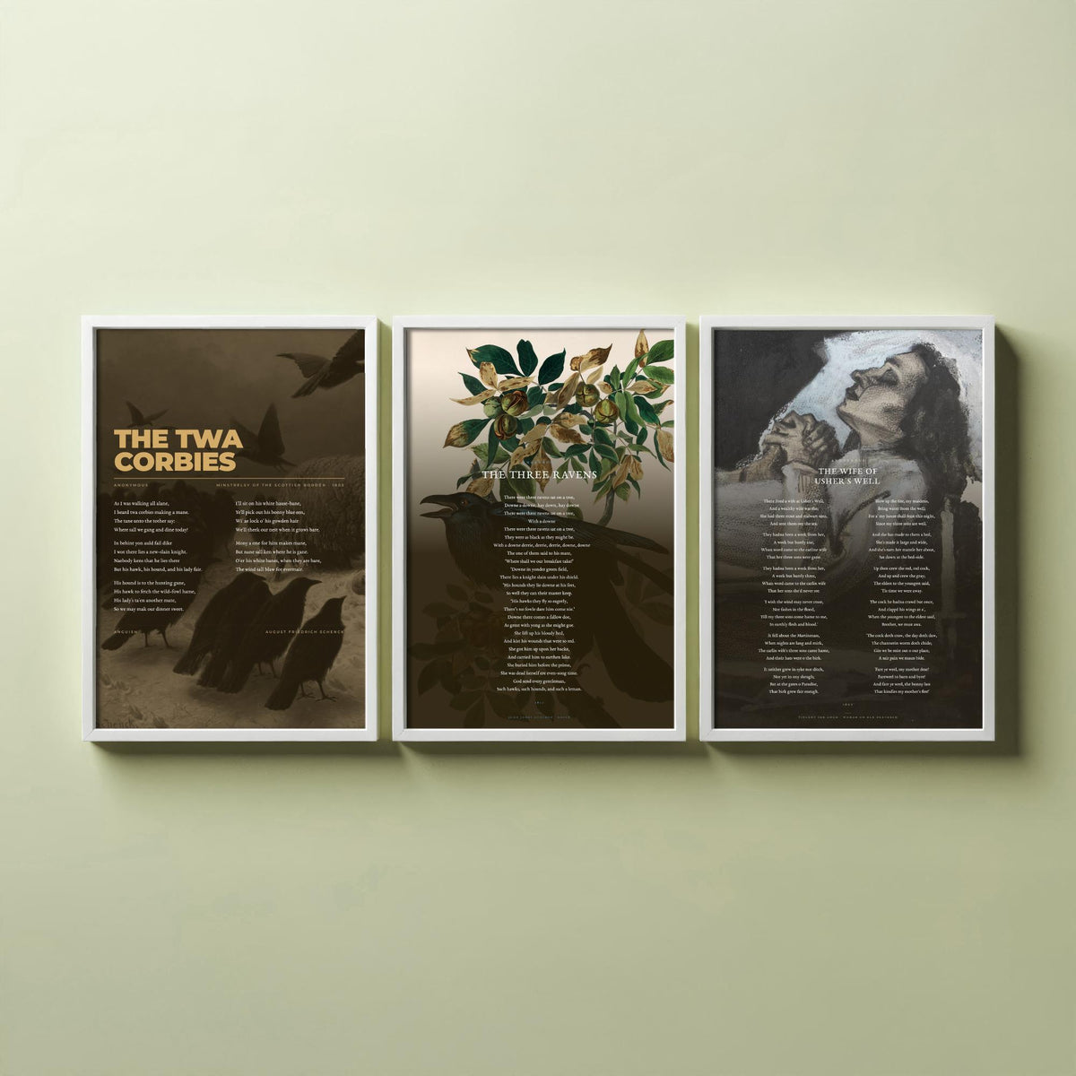 Traditional Ballads Set of Three Art Prints - The Twa Corbies, The Wife of Ushers Well - Full Poems over Classic Paintings - Poetry Poster