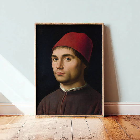 Antonello da Messina - Portrait of a Man (c. 1475) - Classic Painting Art Print - Red Cap Renaissance Portrait Dark Background Poster