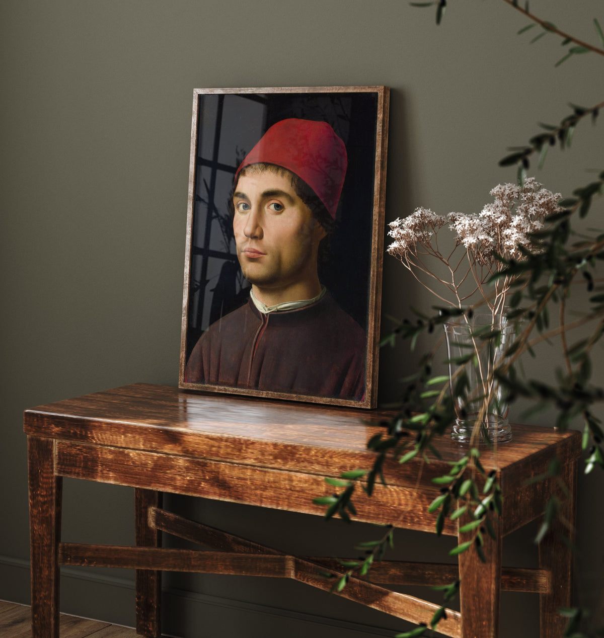 Antonello da Messina - Portrait of a Man (c. 1475) - Classic Painting Art Print - Red Cap Renaissance Portrait Dark Background Poster