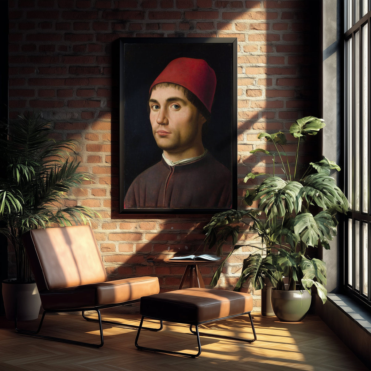 Antonello da Messina - Portrait of a Man (c. 1475) - Classic Painting Art Print - Red Cap Renaissance Portrait Dark Background Poster