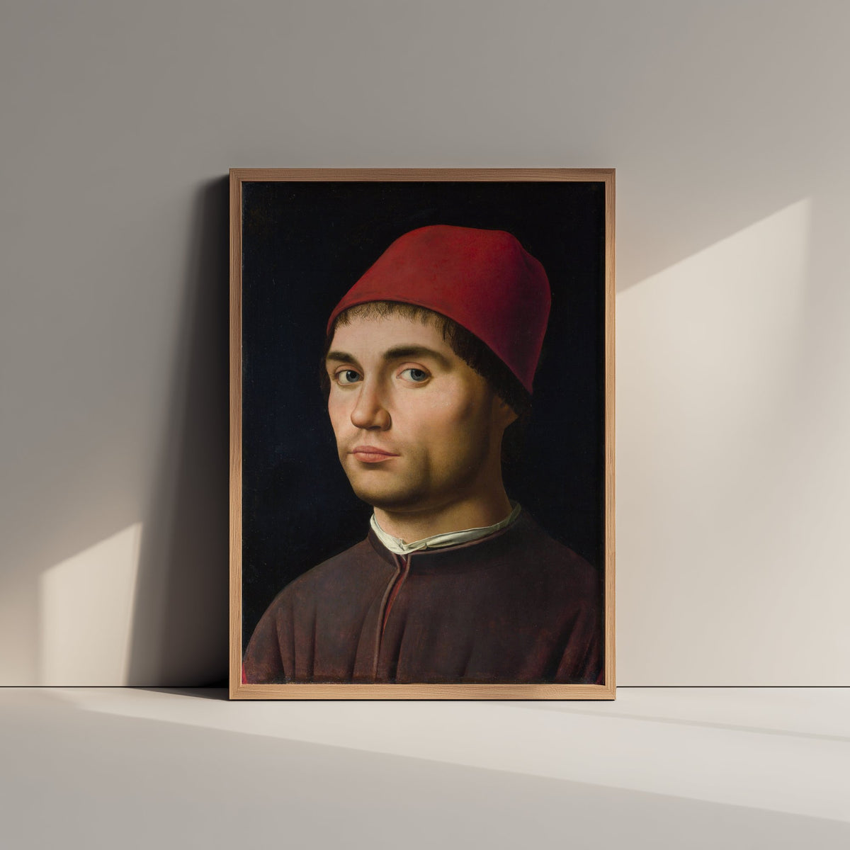 Antonello da Messina - Portrait of a Man (c. 1475) - Classic Painting Art Print - Red Cap Renaissance Portrait Dark Background Poster