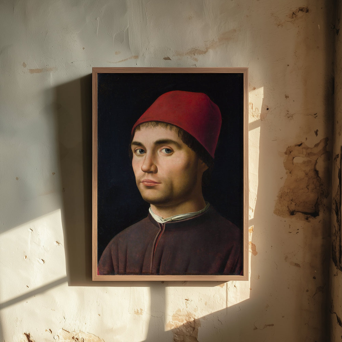 Antonello da Messina - Portrait of a Man (c. 1475) - Classic Painting Art Print - Red Cap Renaissance Portrait Dark Background Poster