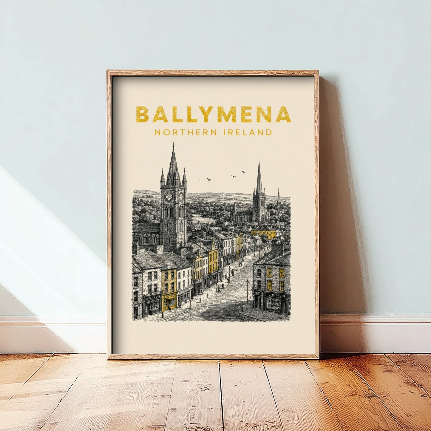 Ballymena Northern Ireland Travel Poster - Vintage Duotone Art Print - Engraved City Illustration - Spires and High Street 1/3