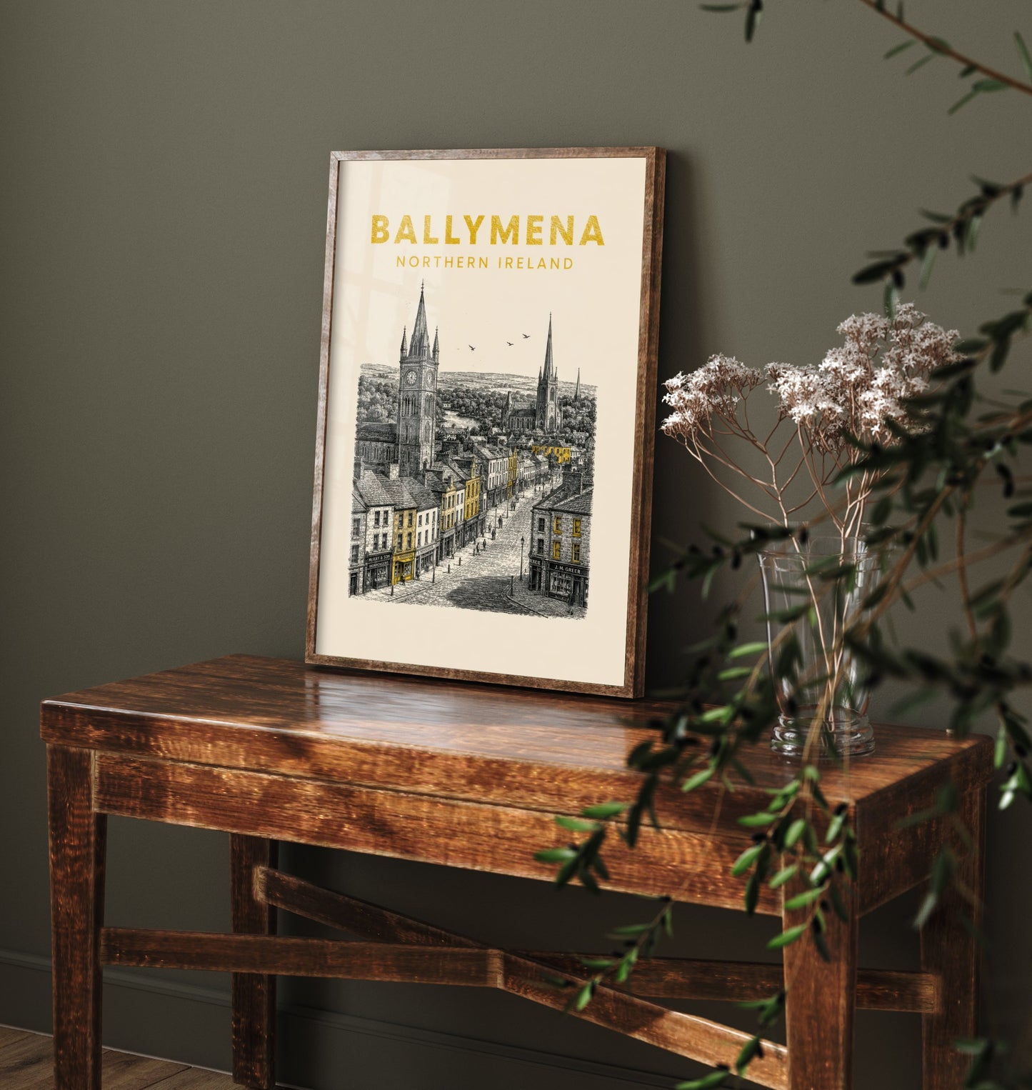 Ballymena Northern Ireland Travel Poster - Vintage Duotone Art Print - Engraved City Illustration - Spires and High Street 1/3
