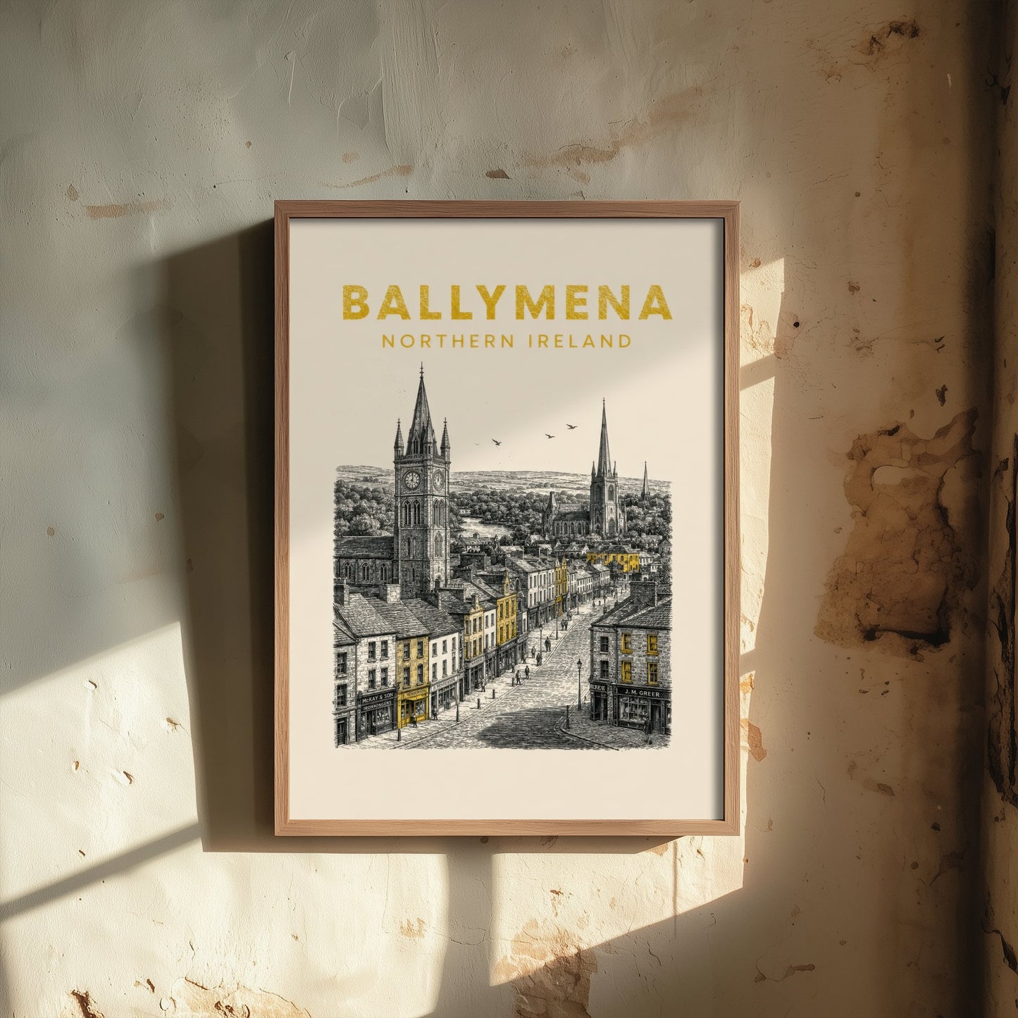 Ballymena Northern Ireland Travel Poster - Vintage Duotone Art Print - Engraved City Illustration - Spires and High Street 1/3