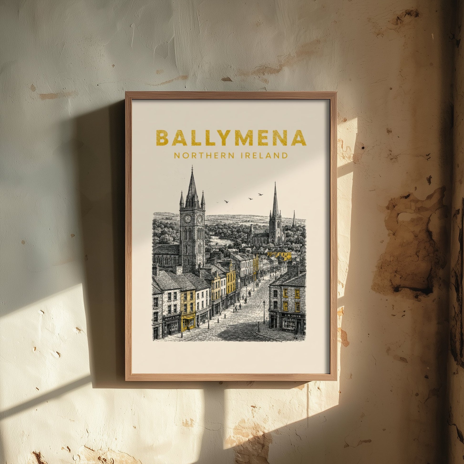 Ballymena Northern Ireland Travel Poster - Vintage Duotone Art Print - Engraved City Illustration - Spires and High Street 1/3